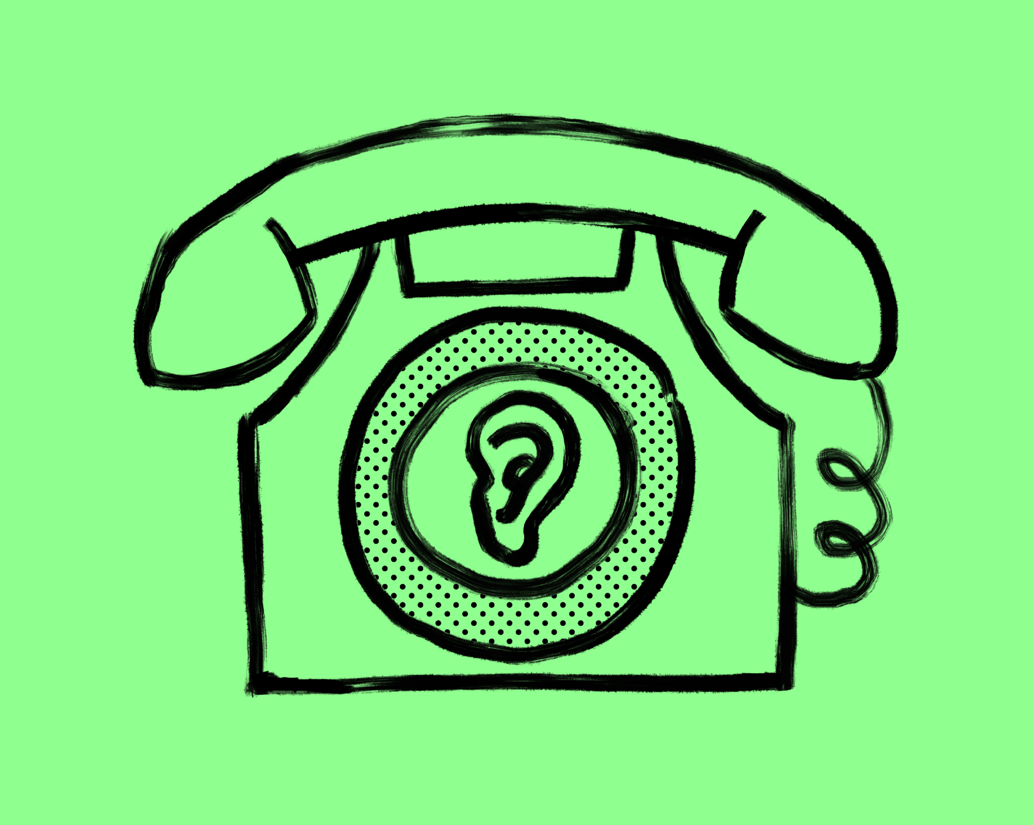 An illustration of an ear within a telephone.